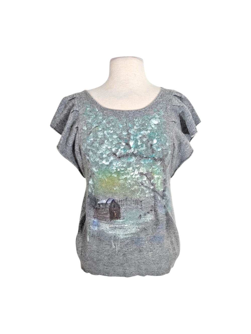 Anthro Sleeping On Snow Painted Cottage Scene Angora / Wool Blend Gray Sweater